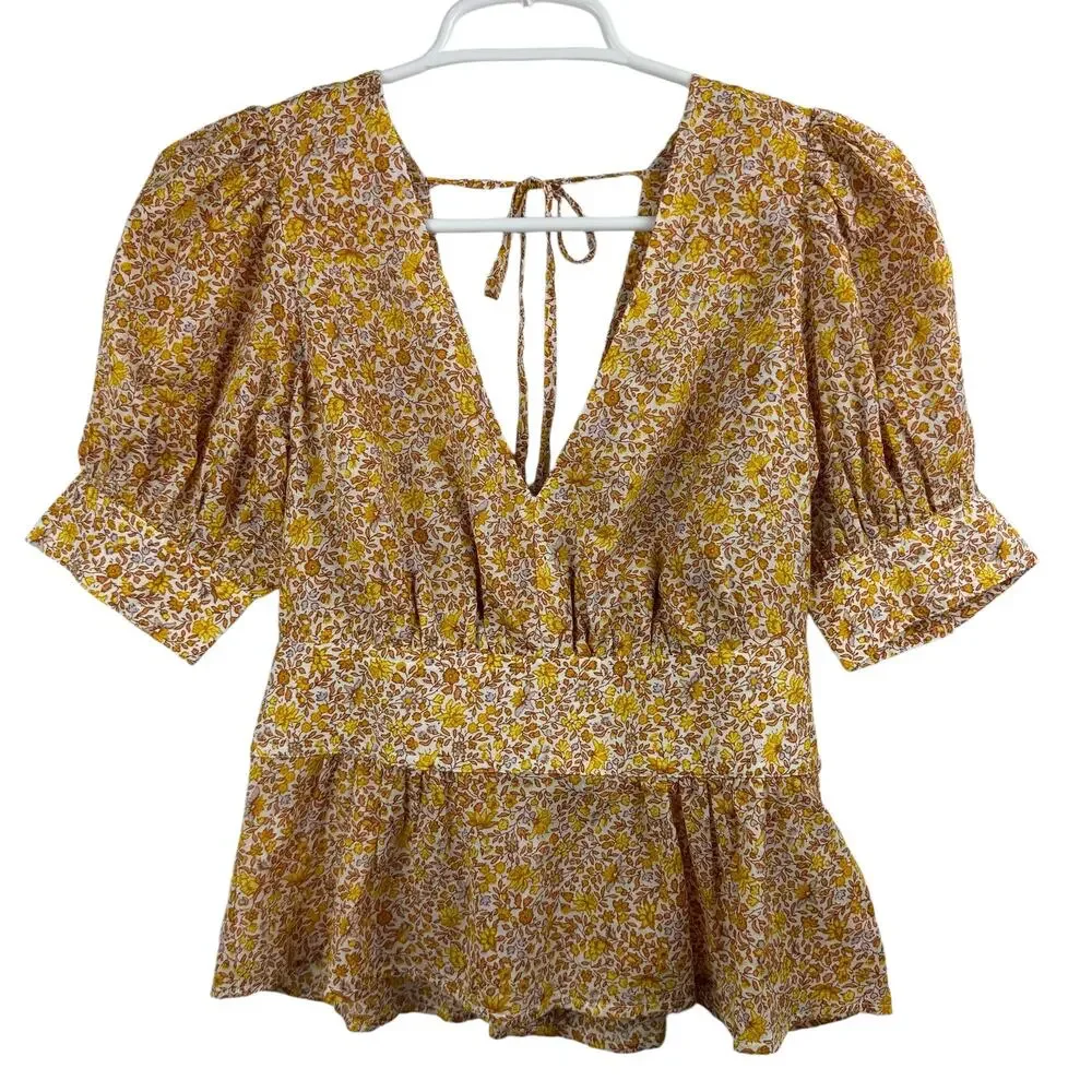 Women's J. Crew Ditsy Floral Blouse Puff Sleeve V-neck Back Zip‎ Poplin Top sz 0